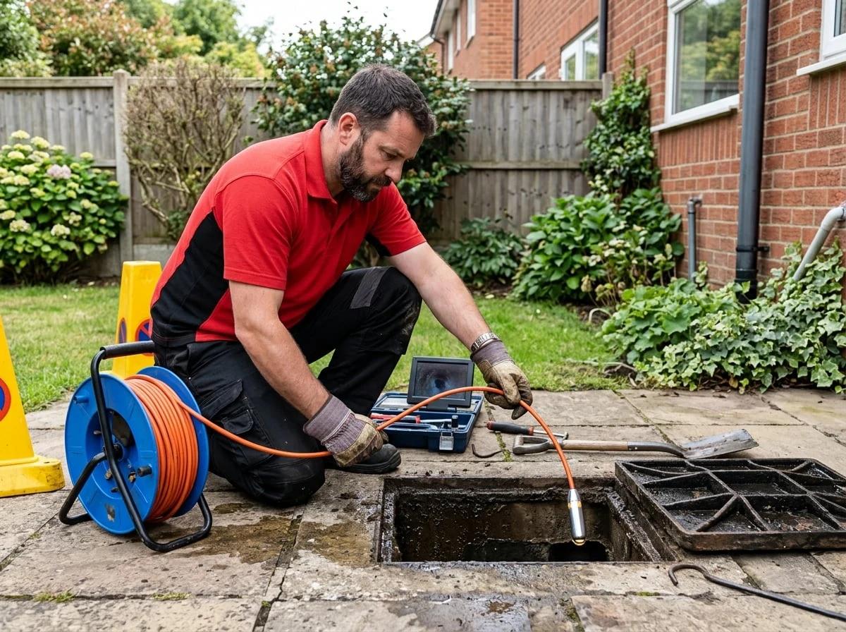 Sunbury Plumbers engineer using a CCTV drain camera to inspect a blocked drain in Sunbury-on-Thames