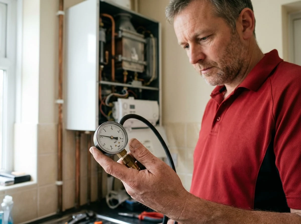 Sunbury Plumbers engineer checking boiler pressure with a gauge during a boiler repair in Sunbury-on-Thames