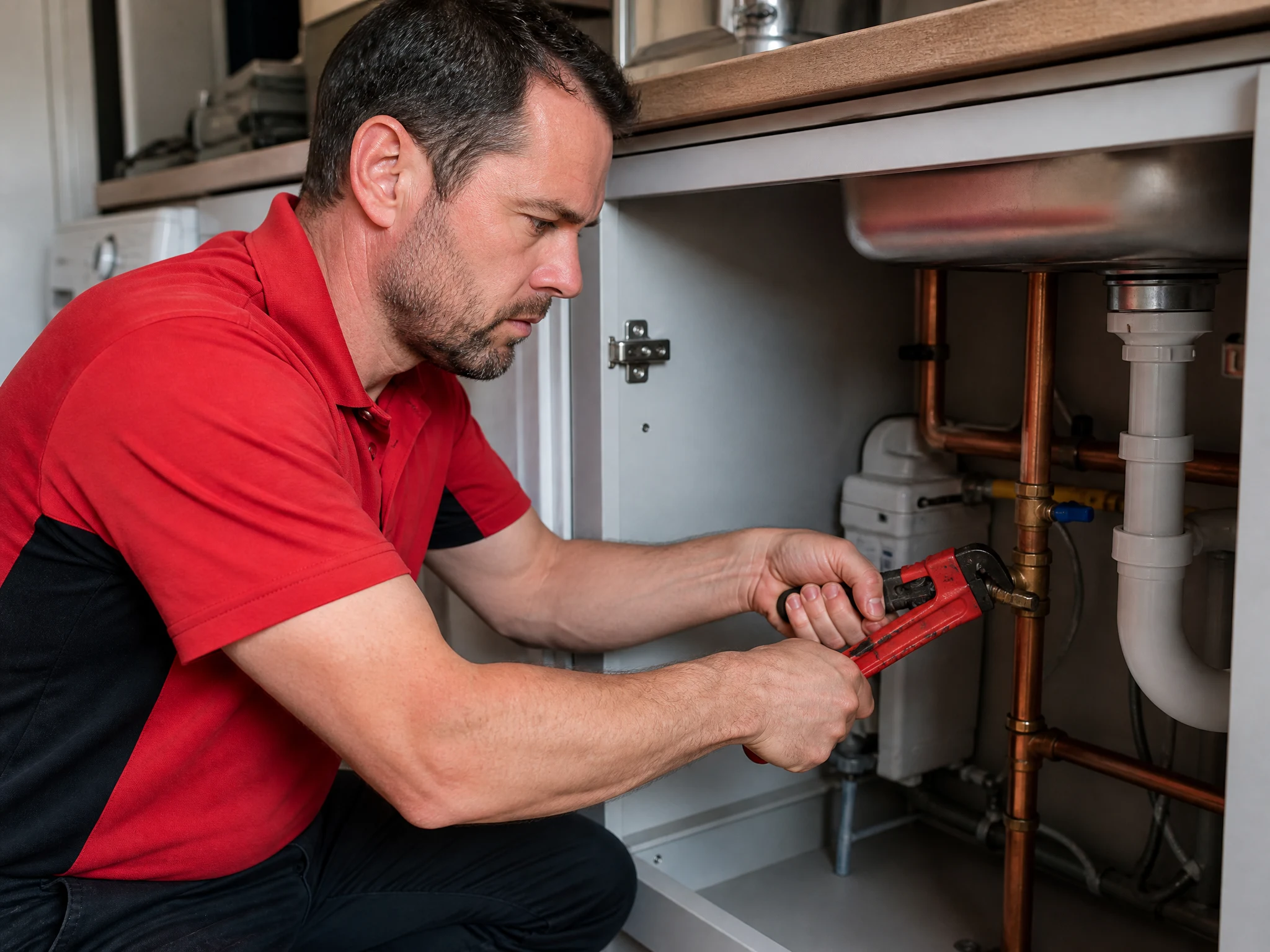 Sunbury Plumbers engineer tightening a stopcock under a sink during an emergency plumbing repair in Sunbury-on-Thames